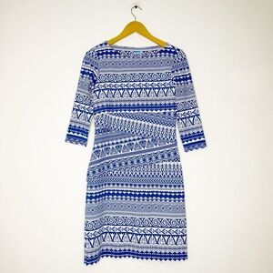 J.McLaughlin Blue White Geometric Print Dress Size Small | 3/4 Sleeve